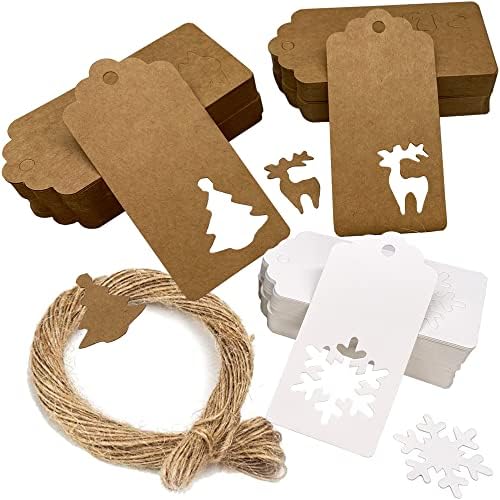 150 Pcs Gift Tags, 3 Styles for DIY Xmas Present Wrapping Kraft Gift Tags Snowflake Reindeer Christmas Tree Hanging Labels with 20m Jute Twine String (White & Brown)