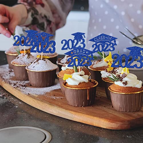 24 Pack 2023 Grad Cap Cupcake Toppers 2023 Graduation Cupcake Picks Graduation Theme Party Cake Decorations Supplies Blue Glitter #TOP5