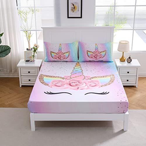 Nvoart Unicorn Fitted Bed Sheet Set 3 Pieces Pink Flower Rainbow Cartoon Unicorn Bed Sheet For Girls Kids Soft Twin Size With 1 Fitted Sheet 1 Flat Sheet 1 Pillowcase(Twin Size) #TOP1