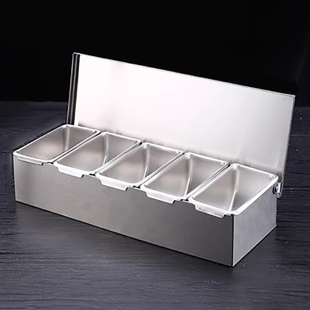 GTHTUHFD Kitchen Buffet Ingredient Containers, Condiment Prep Station With Lid, Stainless Steel Food Service Tray With Lid And Spoon, 2-8 Compartment Countertop Stand,7 Grids,5 Grids