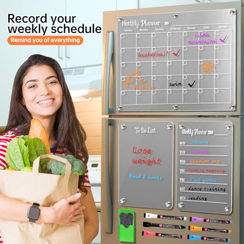 LCPCX Acrylic magnetic dry erase board for fridge,Set of 3 transparent planning boards for monthly calendar, weekly calendar, calendar,includes 6 dry erase markers, 1 eraser and magnetic Pen holder