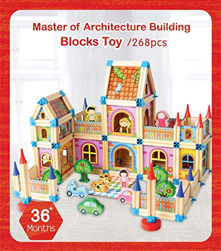 Wooden Building Blocks Set for Kids Toys, Construction Toy and Minifigures, Castle and Farm Building Set, Great Gift for Players Aged 3 and up, New 2020 (268 Pieces)
