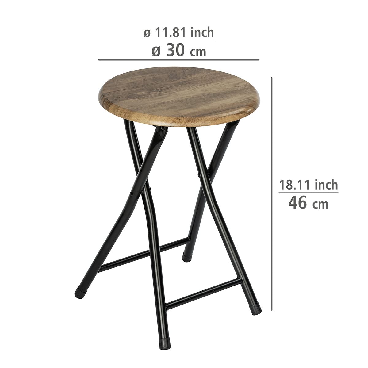 WENKO Badhocker Mod. Forio, zusammenklappbar, kleiner Tisch im Industrial-Design oder Pflanzenhocker mit Loft-Charakter, aus lackiertem Stahl mit MDF-Sitzfläche, (B/T x H): Ø 30 x 46 cm, Schwarz/Braun