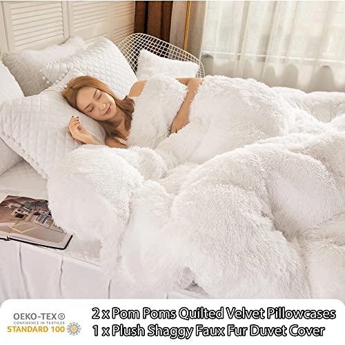 Image of LIFEREVO Luxury Plush Shaggy Duvet Cover Set, Ultra Soft Fluffy Furry Duvet Cover Set(1 Faux Fur Fuzzy Comforter Cover + 2 Pom Poms Velvet Pillow Cases) Solid Bedding Set, Zipper Closure(King, White)