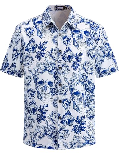 TIXMIE Mens Skull Hawaiian Shirt Short Sleeve Button Down Beach Shirts