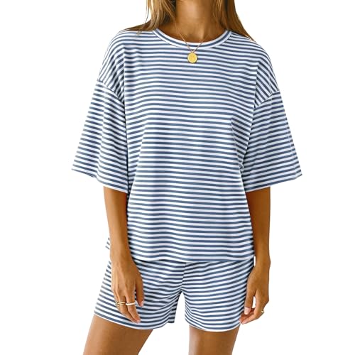 Image of RUEWEY Women Striped Pajama 3 /4 Sleeve Crew Neck Tops Shorts Lounge Set Pjs