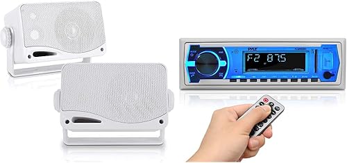 Juego de altavoces para exteriores de 3 vías resistentes a la intemperie - Par de 3.5 pulgadas y 200 W - Pyle PLMR24 (blanco) y radio estéreo