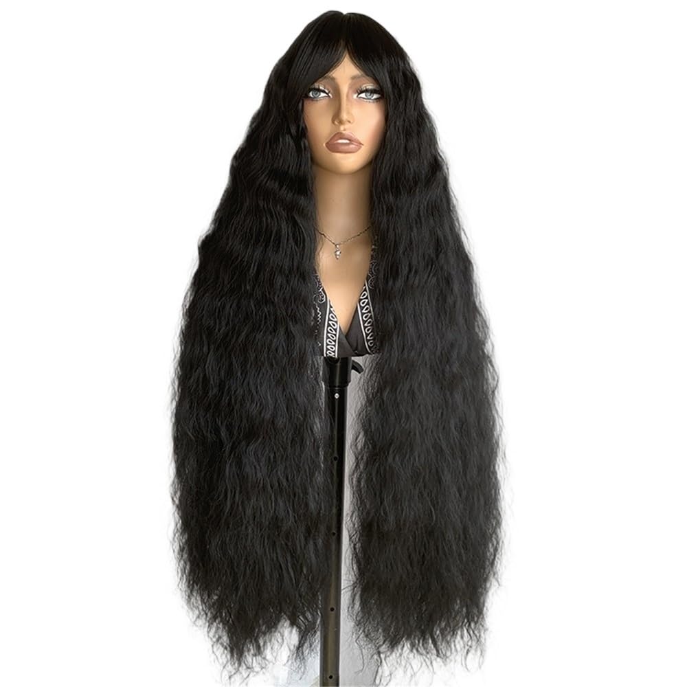 xiuling4568 Long Curly Wig With Bangs For Women, 40 Inch Wavy Synthetic Bounce Fluffy Natural Style Wigs For Daily Use Hairs Extensions(Natural Black)
