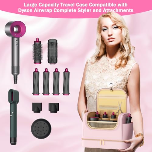 Double Layers Travel Case for Dyson Airwrap Large Capacity PU Leather Shark Flexstyle Case Portable Hanging Storage Bag for Airwrap Styler Attachments, Hook, Dry and Wet Section(Pink) - Image 6