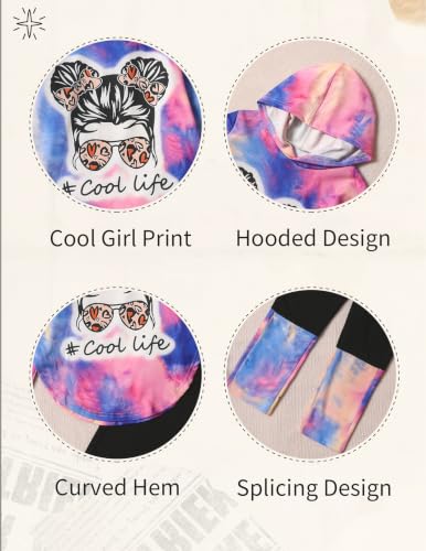 Image of Girls 2 Pcs Fall Winter Tie Dye & Leggings Outfits For Teens 5-14 | 2026 Girls Fashion Trendy, Long Sleeve Hoodie, Cool Life Print, Patchwork Pants, Back to School Holiday Tracksuit