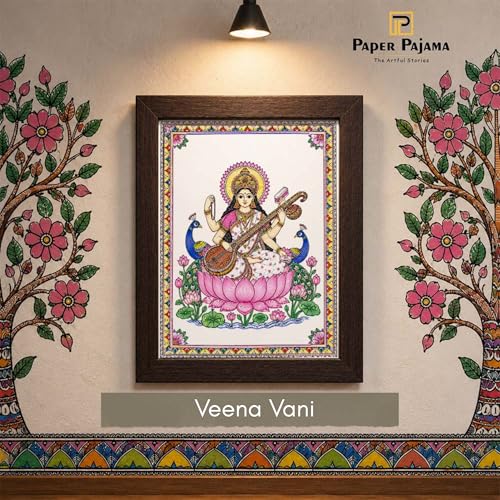 Image of PAPER PAJAMA Goddess Saraswati Vastu Wall Art for Living Room | Madhubani Saraswati Mata Painting with Veena | Traditional Mithila Religious Framed Decor for Home, Office & Study Room (10x13 Inches)