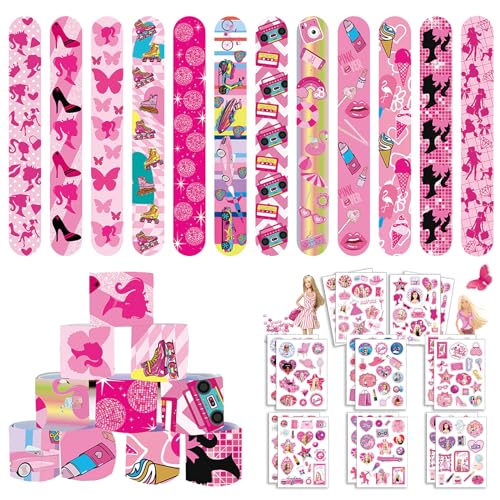Clvsyh Regalo de Fiesta para Niños, 12Pcs Pulsera Bofetada + 16Pcs Pegatinas Impermeables, Bar-bi Garabato Pegatinas, Pulseras de Juguete para Niños, Juguetes para Regalar en Fiesta de Cumpleaños