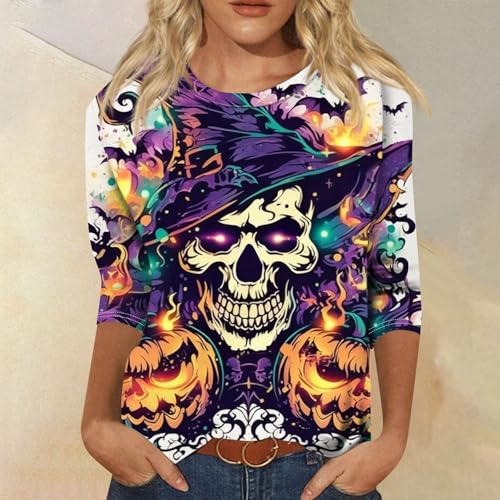Cute Funny Halloween Shirts for Women Plus Size 3/4 Length Long Sleeve Womens Tops Witch Gothic Renaissance Shirt