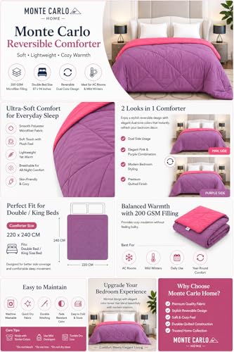 Image of Monte Carlo Polyester Comforter Double Bed | 200 GSM Lightweight & Reversible | Soft Quilt for Mild Winter | Easy Care All Season Comforter (Pink /Purple) | 87 x 94 Inches