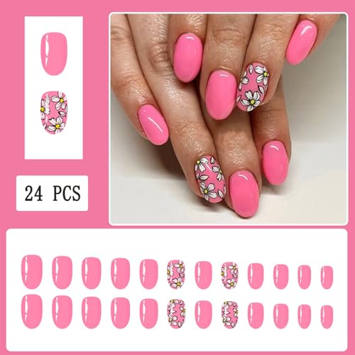 Rose Red Almond Press on Nails with Floral Design - 24Pcs