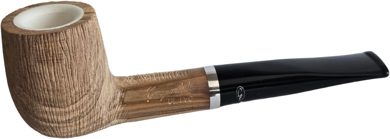 M. Gasparini Olive Wood Smoking Pipe with Meerschaum Insert, Rustic Brushed Finish, 9mm Filter, 150mm Length