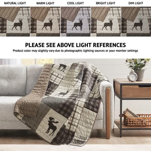 Woolrich Luxury Quilted Throw - Cabin Lifestyle, Patchwork With Moose Design All Season, Lightweight And Breathable Cozy Bedding Layer Throws For Couch Sofa, 50" W X 70" L, Woodshed Brown #TOP1