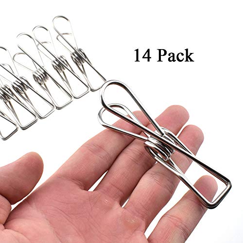 Image of HAHIYO Clothespins Chip Clips All Metal Stainless Steel No Rust Stains Strong Grip in Heavy Wind 3.4 Inches 14 Pack Extra Large Do Not Fall Apart Open Wide for Holding Clothes Snack Bag Clamps
