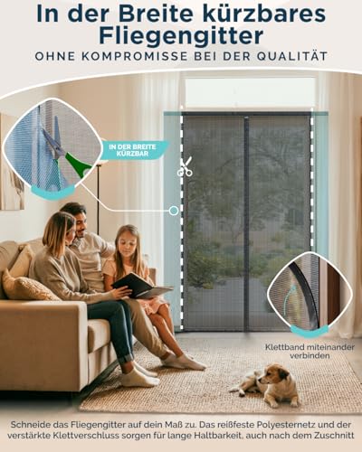 ARCOL Fliegengitter Balkontür Zuschneidbar in der Breite - Fliegengitter Balkontür Nach Maß mit Klettverschlüssen - Robustes Magnetisches Fliegengitter - Insektenschutz Balkontür (155x200 cm, Schwarz)