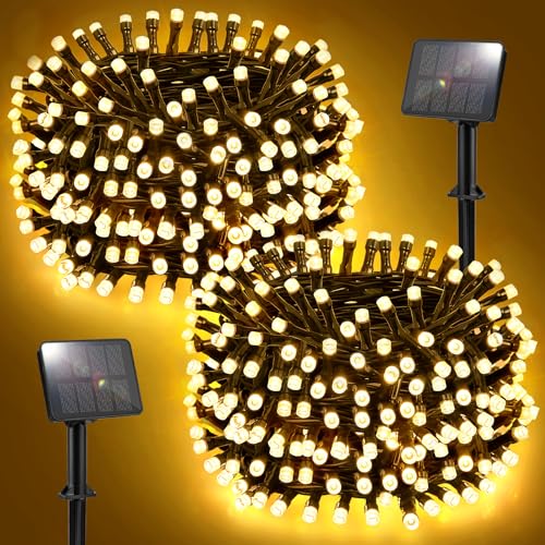 FFZZKJ Solar Lichterkette Aussen Insgesamt 100LED 10M Solar Lichterkette Outdoor Wetterfest 8 Modi IP44 Wasserdicht 5M*2 50LED*2 für Garten Terrasse Baum Hof Party, Warmweiß