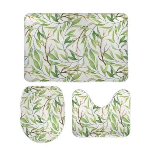 QAZPL Nuansexi Bathroom Rug Sets Green Leaves Dry Branches Spring Bath Toilet Rugs Set 3 Piece Anti Slip U-Shape Contour Toilet Mat Coral Velvet Absorbent Machine Washable Bathroom Toilet Decor