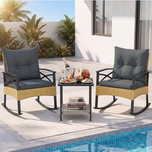Image of Tangkula 3 Pieces Wicker Outdoor Rocking Chairs Set | Heavy Duty | Cushioned | Rattan Rocker Bistro Set w / 2-Tier Tempered Glass Coffee Table for Garden, Balcony, Backyard