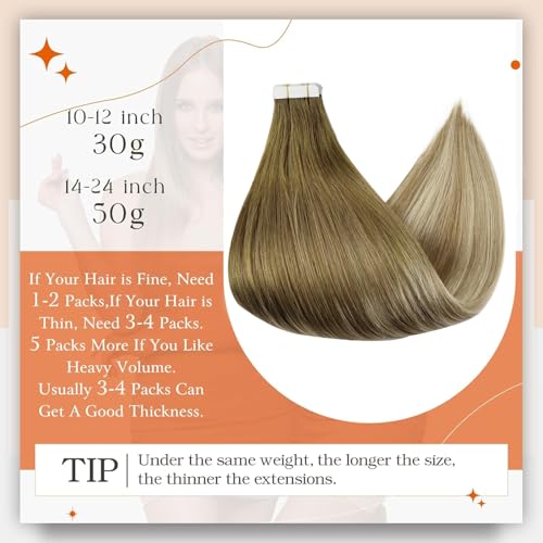 Image of Full Shine Blonde Tape in Human Hair Extensions Color Dark Brown Ombre Ash Brown And Blonde Tape Extensions Real Remy Hair 16 Inch Hair Extensions Tapes in 50Gram Invisible Tape Hair Add Volume 20Pcs