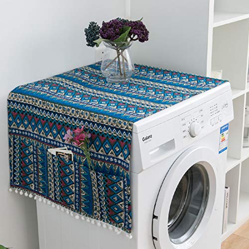 vctops Boho Print Cotton Linen Fridge Dust Proof Cover Pom Poms Dryer Cover Multi-Purpose Washing Machine Top Cover with 6 Side Pockets (Blue Triangle,28 x 67 Inch)