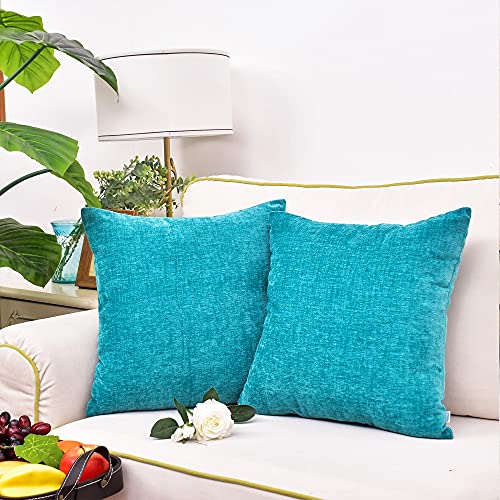 Image of CaliTime Pack of 2 Cozy Throw Pillow Covers Cases for Couch Sofa Home Decoration Solid Dyed Soft Chenille 12 X 12 Inches Lake Blue