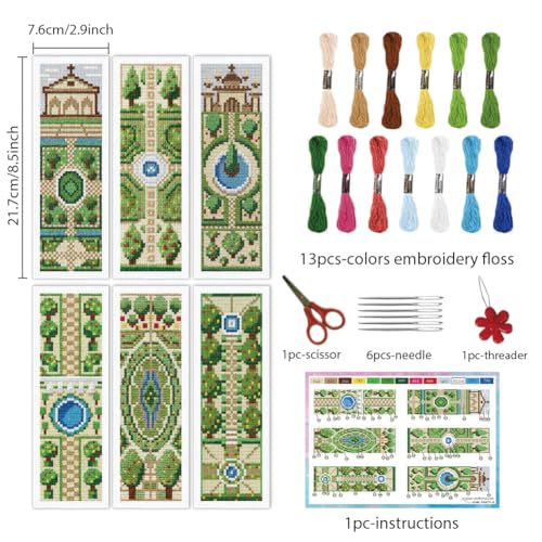 Image of INFUNLY 6PCS DIY Garden Cross Stitch Bookmark Kits 3x8.5inch Fountain Stamped Embroidery Page Marker Kits Plant Needlepoint Bookmark Kit with Pre-Printed Pattern for Book Lovers Readers