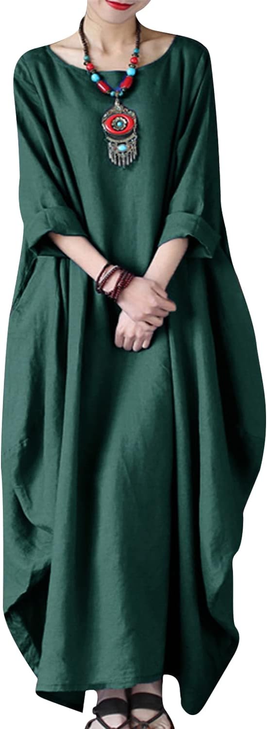 Celmia Autumn Solid Loose Long Maxi Dress Cotton Caftan