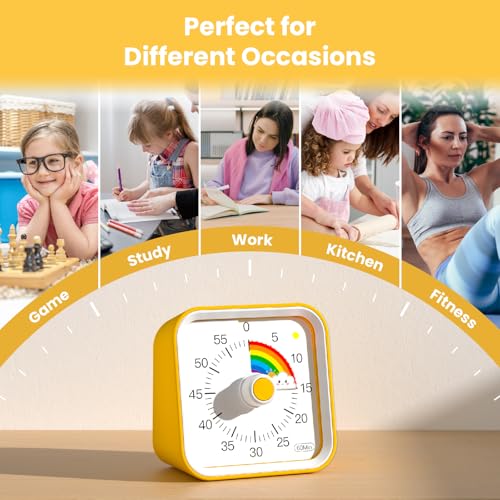 InfPokid Visueller Timer Kinder mit Pausenfunktion, 60 Minuten Countdown Regenbogen Timer für Kinder Schreibtischstudie, Klassenzimmer, Büro, Küche, Leises Zeitmanagement für ADHS (Gelb Regenbogen) 6