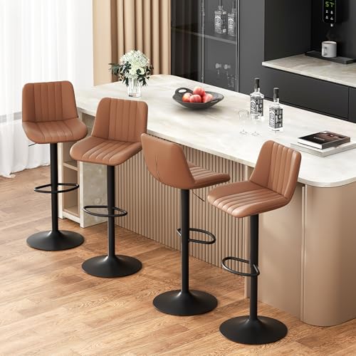 Image of JAMFLY Modern Leather Bar Stools - Swivel & Height-Adjustable Bar Chairs with Footrest, Ergonomic Design for Kitchen Island, Home & Commercial Bar - Set of 4, Brown