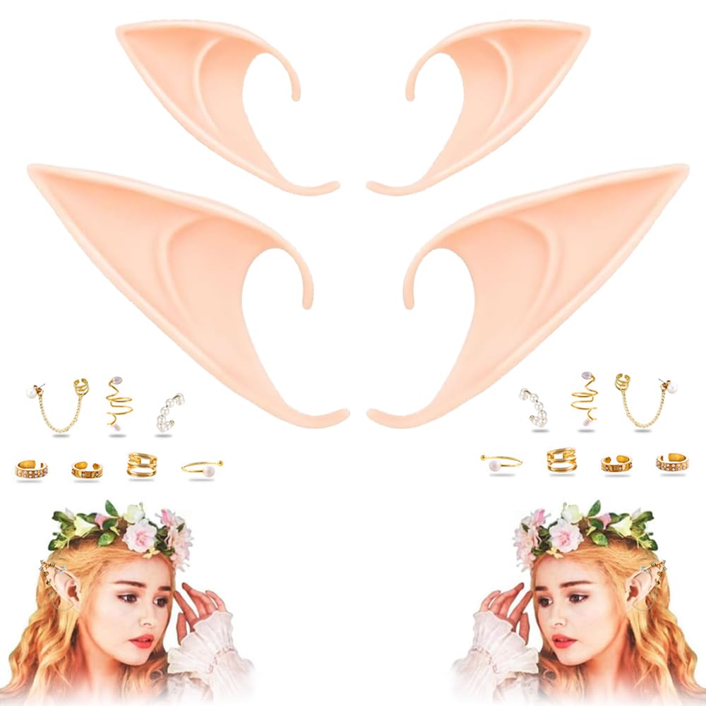 YeabomyElf Ears 2Pairs with Earrings, Halloween Fairy Pixie Soft Pointed Ear with Gold Hoop Pearl Earrings Chain Set