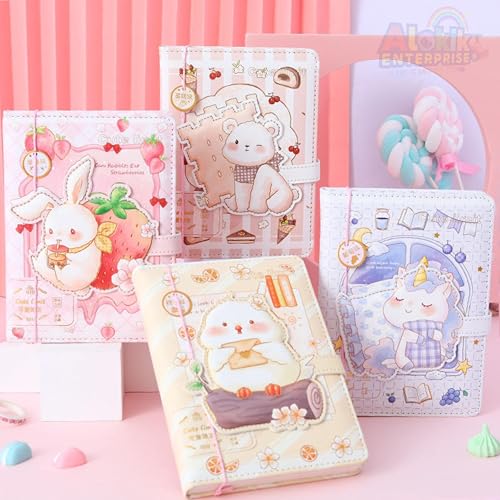 Image of Alokik Enterprise Cute Animal Cartoon Diary Notebook with Magnetic Lock Strap - Bear, Bunny, Duck & Unicorn Designs A6 Size PU Leather Cover Journal for Kids, Girls, School, Office & Gift(1 Pcs)