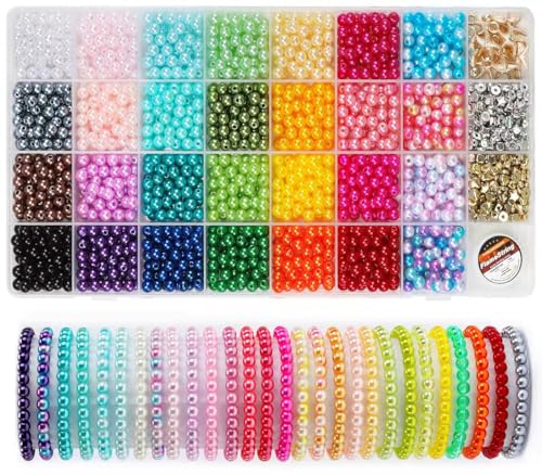 GAGANIU 1850pcs Pearl Beads Kit for Crafts – 28 Colors 6mm Bright Beads with Gold & Silver Spacer Beads and Elastic String for Bracelets, Necklace & DIY Crafts
