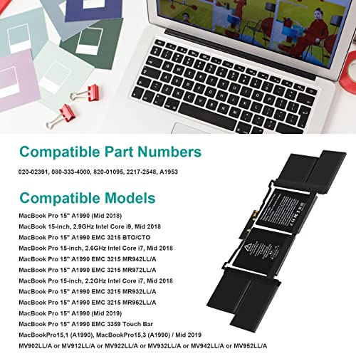 Image of ASUNCELL Battery for MacBook Pro 15 Inch A1990 (Mid 2018 2019), Laptop Battery Replacement Model A1953 Battery EMC 3215 3359 7400mAh (Upgraded 6.2 Versions)