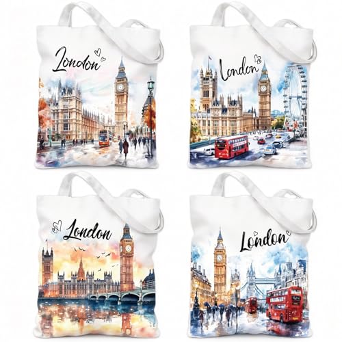 VeloKomo London Souvenirs Tote Bag - 4 Pcs Reusable Cotton
