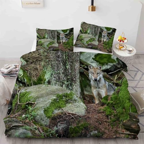 Housse de couette 160x200 loup gris avec 2 taies d'oreiller en microfibre kK771