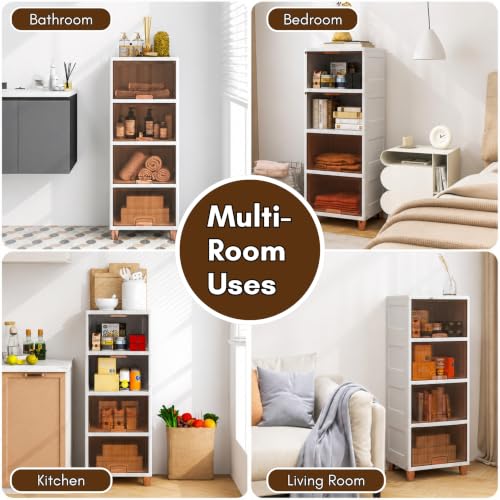 Image of HoopVool Foldable Storage Cabinet, Stackable Plastic Storage Box with Front Opening Door, Dustproof Organizer for Clothes, Toys, Books, Bathroom & Bedroom (4-Tier (33 X 38 X 107 CM))