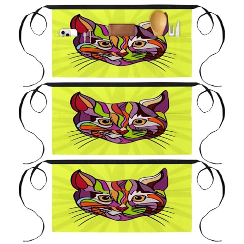 Lot de 3 tabliers courts de chef Chat Pop Art multicolores avec 3 poches pour le service en bistrot