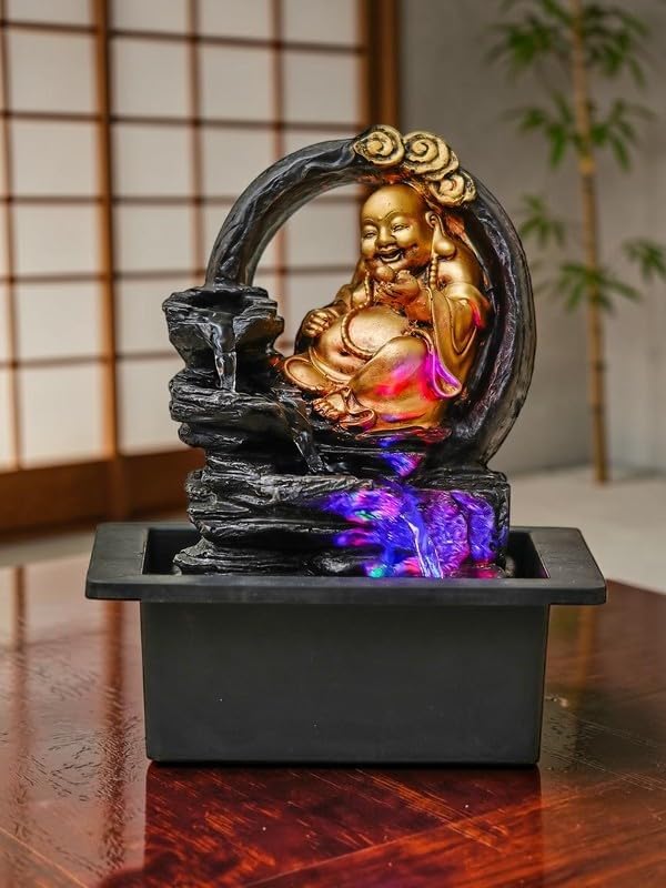 Ani Divine Laughing Buddha Water Fountain with LED Lights | Feng Shui Indoor Tabletop Waterfall | Decorative Resin Buddha Idol for Home Decor, Living Room, Office-image-22