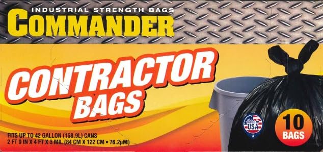 Commander 42 Gallon 3 MIL Black Heavy Duty Contractor Bags with Flap Ties - 33" x 48" - Pack of 10 - For Contractor, Janitorial, Industrial, & Commercial