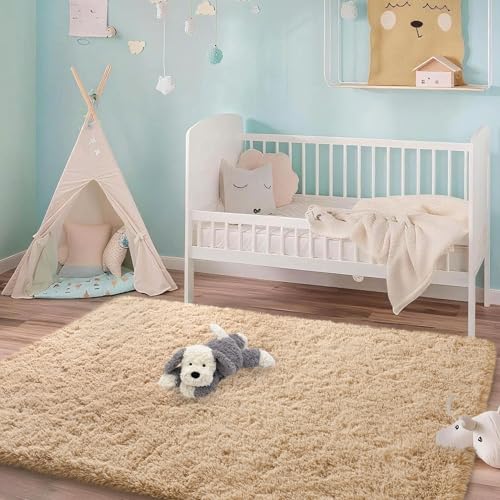 3x5 Rugs for Bedroom, Fluffy Area Rugs for Living Room, Soft Shag Kids Rug Small Carpet with 4 Non-Slip Rug Pads (Light Tan, 3ft x 5ft)