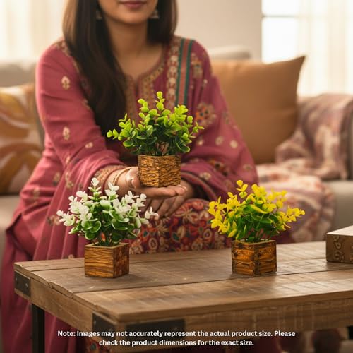 Image of DecoreBugs Artificial Eucalyptus Mini Potted Fake Plants, Wooden Pot, for Home Decor, Office Desk, Tabletop, Wall Shelves, Pack of 3