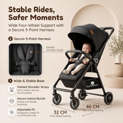 Image of StarAndDaisy Stroller for Baby, Foldable Baby Stroller with Reversible Seat, 3 Recline Positions, 5-Point Safety Harness, Adjustable Footrest, Large Canopy & Storage Basket