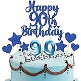 Gyufise Juego de 15 piezas de decoración para tarta de 90 cumpleaños con corazón y estrella con purpurina para 90 años, número 90, velas para decoración de tartas para feliz cumpleaños 90, suministros