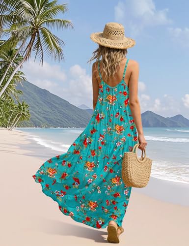 Image of YESNO Summer Bohemian Floral Dresses for Women Spaghetti Straps Maxi Dress Casual Flowy Dresses with Pockets ES0