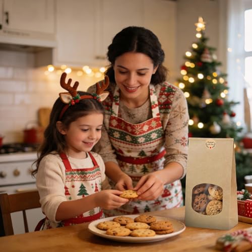 32 Stück Kleine Kekstüten Keksbeutel mit Fenster,18x9x5.5cm Braun Plätzchentüten mit Kraftpapier Tüten Aufkleberund und Verschlussclips für Gebäck, Süßigkeiten, Kekse Geschenktüte