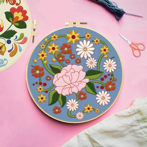 Image of FREEBLOSS 4 Set 8'' Beginners Embroidery Kit Artistic Flower Patterns Embroidery Starter Kit with Instructions Include Embroidery Fabric Embroidery Hoops and Threads for Hanging Decor